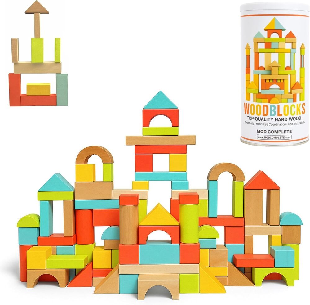 100-Piece Wood Building Blocks Set, Heavy Duty Shape-Sorter Lid & Bucket, Pastel - Picture 1 of 6